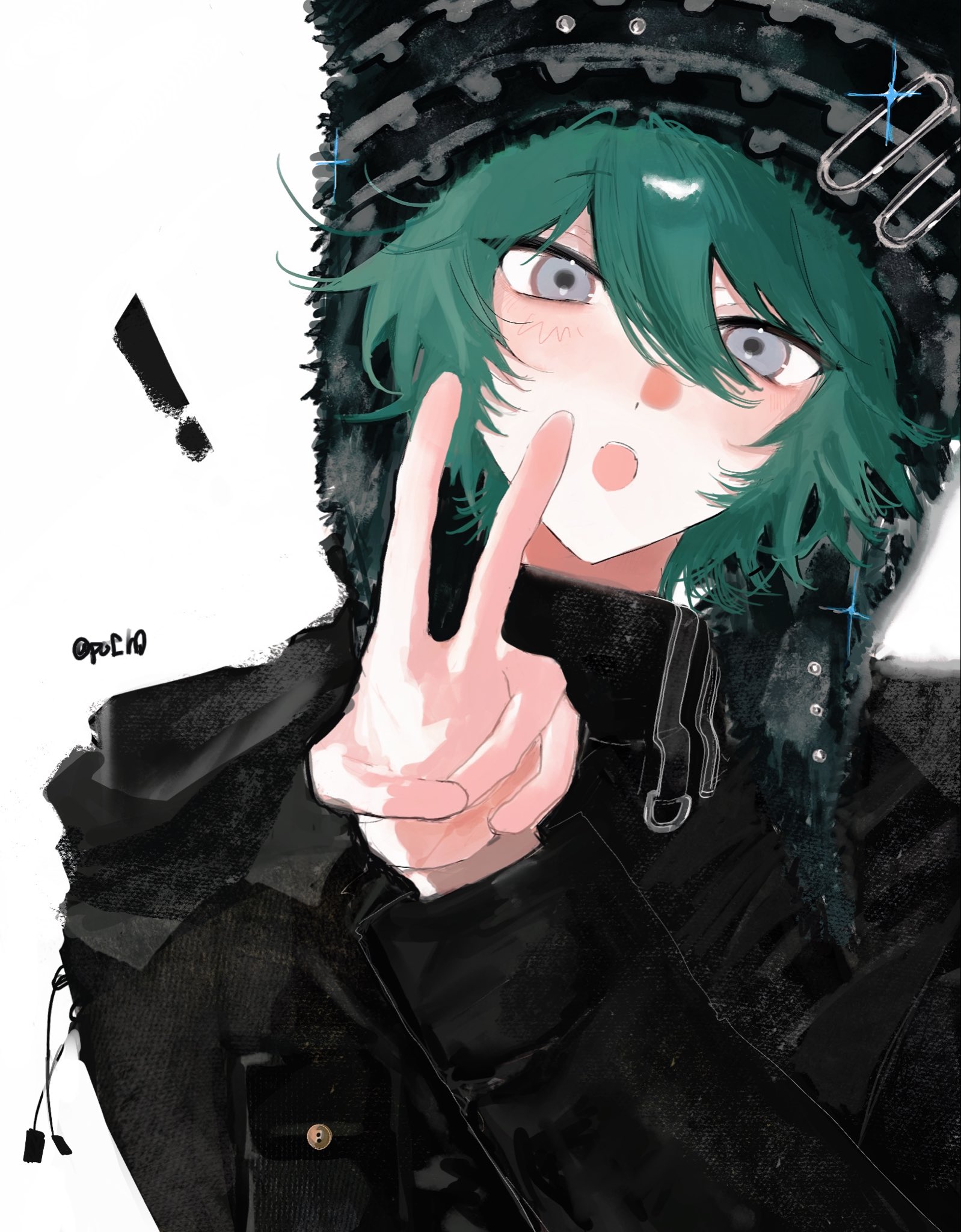 hiyori sou, kimi ga shine, highres, !, 1boy, :o, animal hat, aqua hair, beanie, black hat, black jacket, blush, cat hat, earflap beanie, grey eyes, hair between eyes, hand up, hat, jacket, long sleeves, male focus, pof h0, safety pin, short hair, simple background, solo, turtleneck, upper body, v, watermark, white background