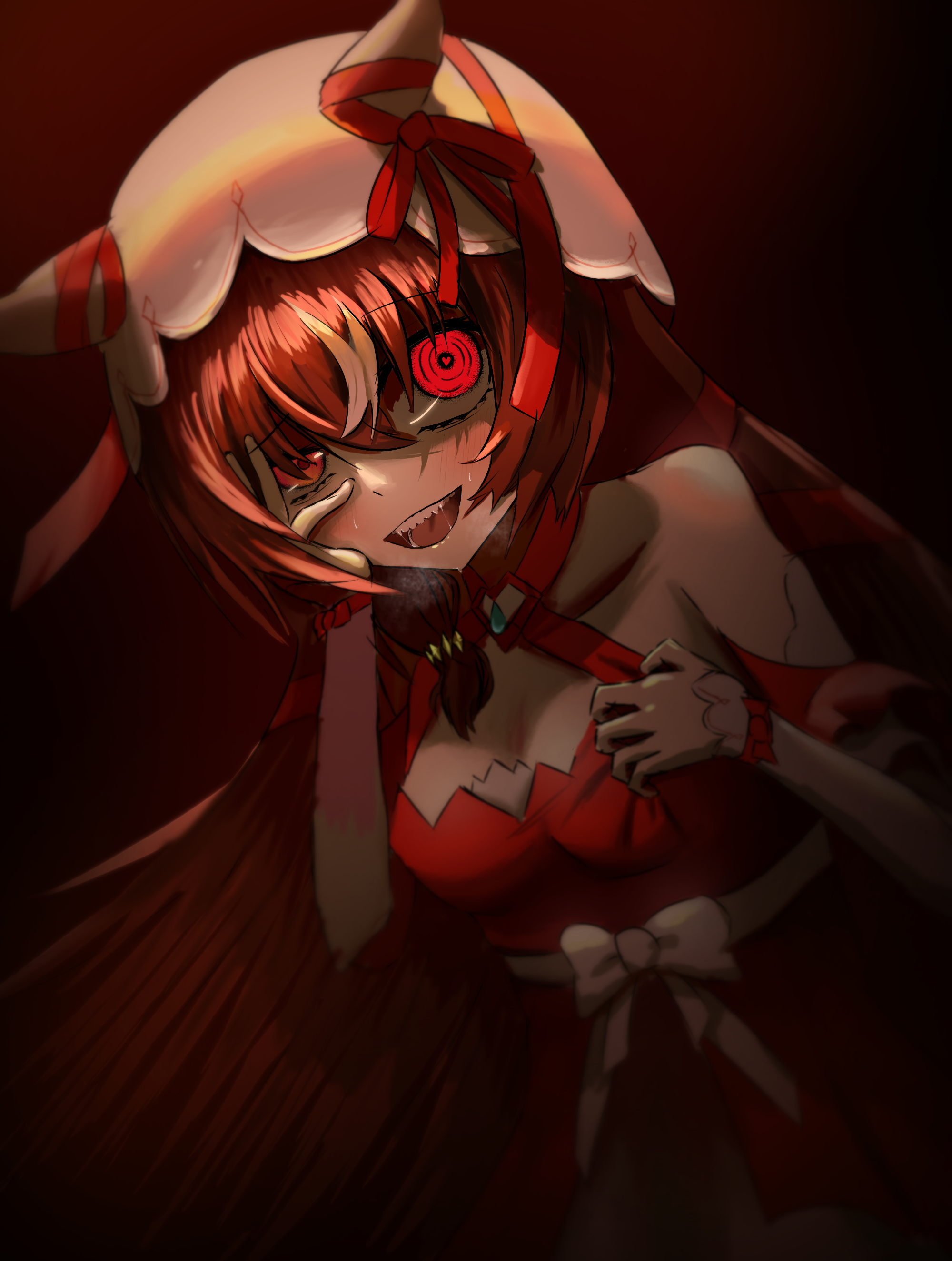 still in love (umamusume), umamusume, absurdres, highres, 1girl, animal ears, bare shoulders, bow, breasts, brown hair, collarbone, dress, ear ribbon, fafafaaa0305, hair between eyes, hair over shoulder, hand on own face, heart, heart-shaped pupils, heavy breathing, horse ears, horse girl, long hair, medium breasts, multicolored hair, off-shoulder dress, off shoulder, open mouth, red background, red dress, red eyes, red ribbon, ribbon, saliva, sharp teeth, solo, streaked hair, symbol-shaped pupils, teeth, uneven eyes, veil, very long hair, white hair, white veil, wrist cuffs, yandere