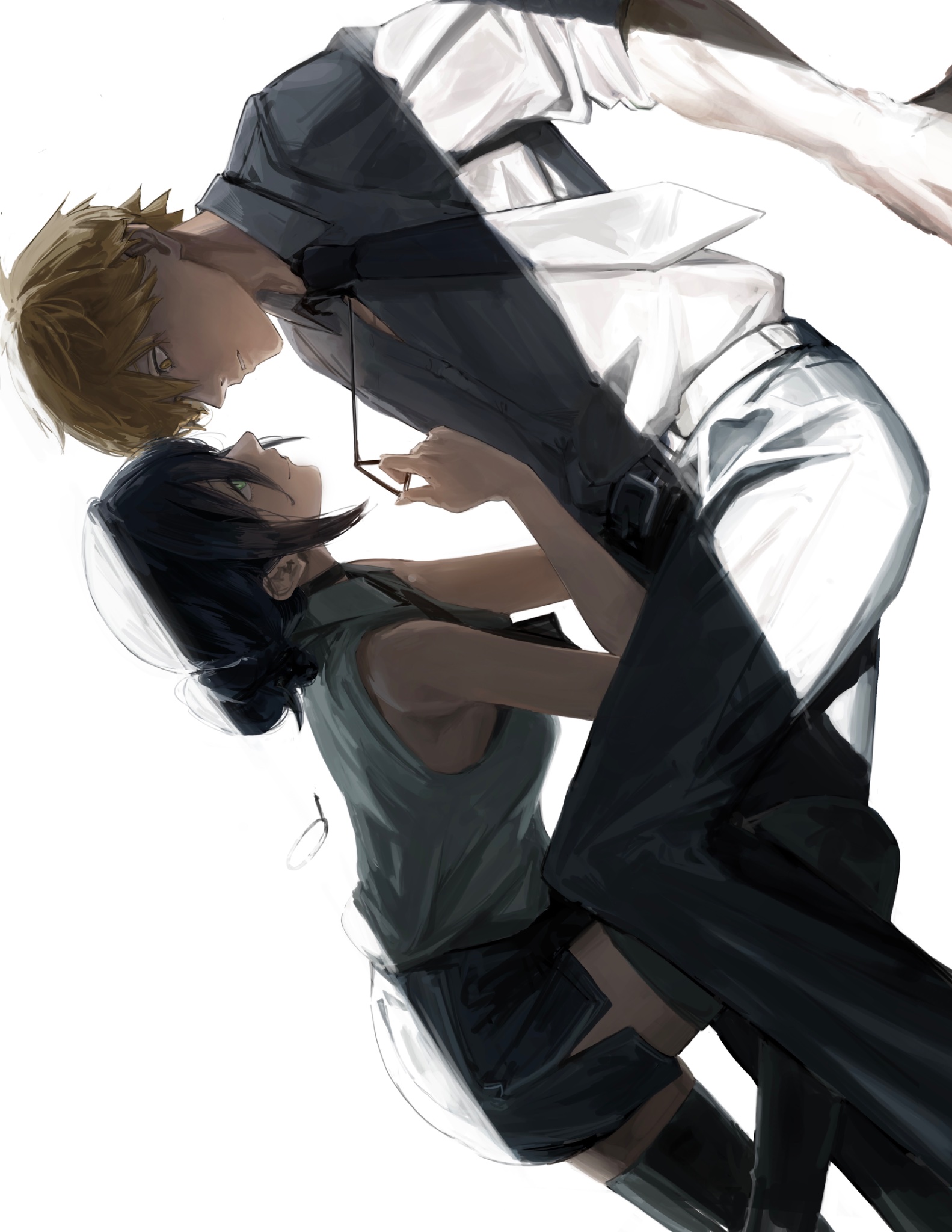 ushiwaka, denji (chainsaw man), reze (chainsaw man), chainsaw man, highres, 1boy, 1girl, assertive female, bare arms, bare shoulders, black choker, black hair, black necktie, black pants, black shorts, black thighhighs, blonde hair, breasts, choker, collared shirt, feet out of frame, grenade pin, hair between eyes, hair bun, hetero, looking at another, medium breasts, medium hair, necktie, pants, parted lips, shirt, short hair, shorts, sleeveless, sleeveless shirt, sleeves rolled up, smile, thighhighs, updo, white background, white shirt