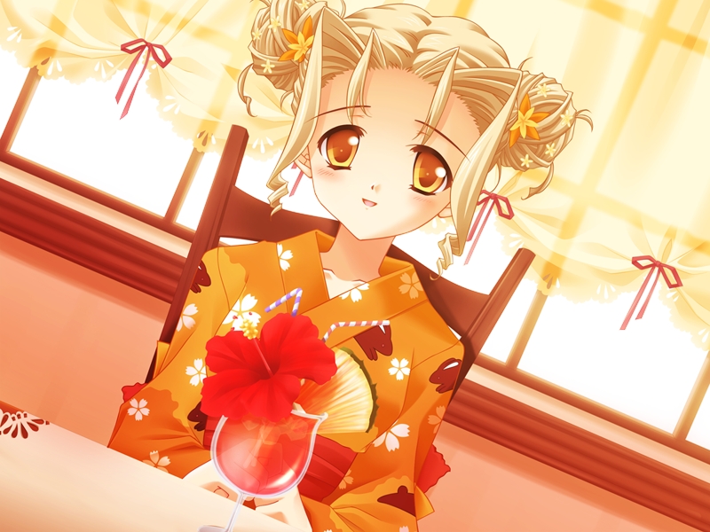 carnelian, kanami, game cg, tagme, 1girl, blanket, blonde hair, double bun, drink, female focus, hair bun, japanese clothes, quilt, solo