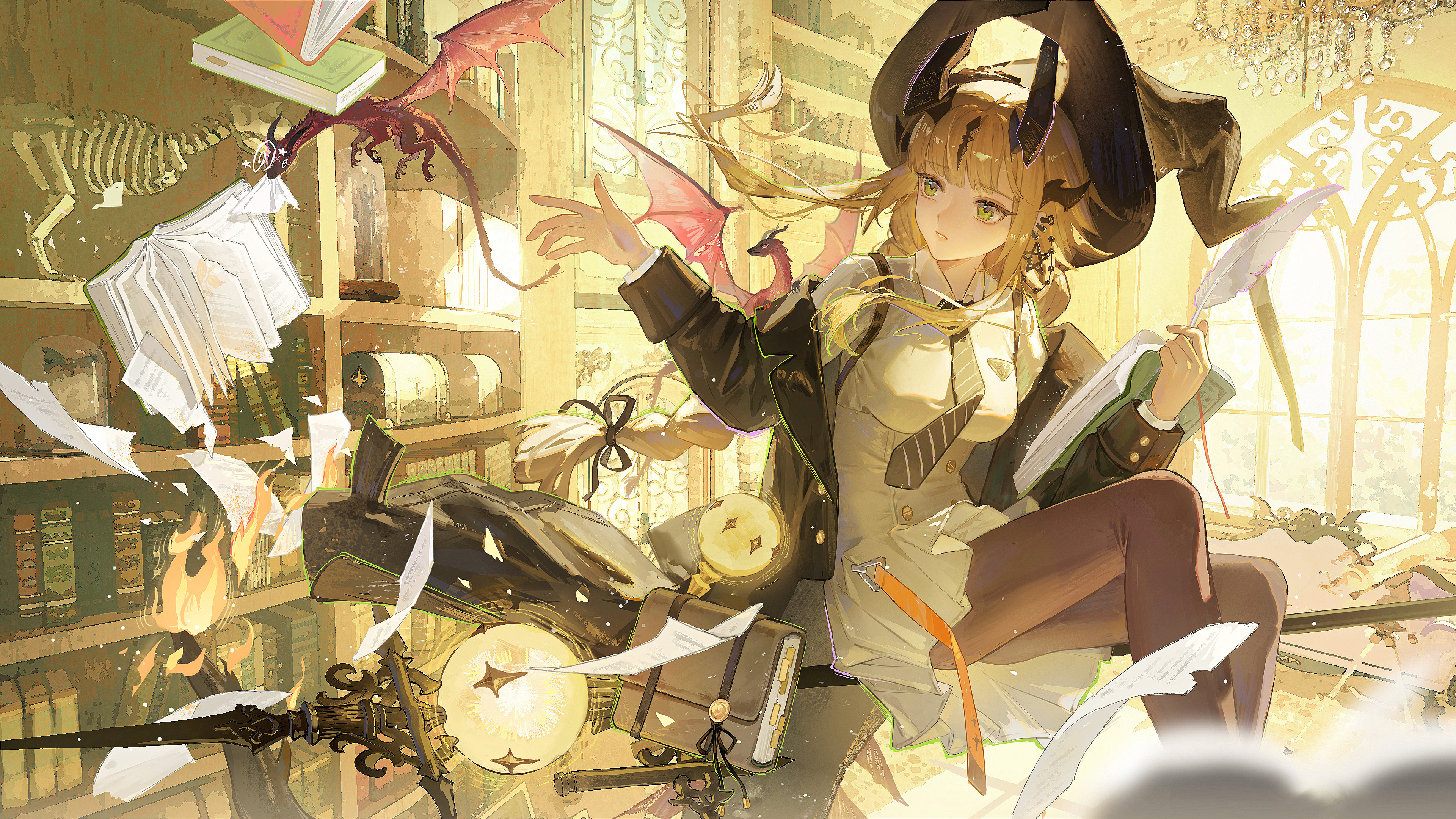 crf, reed (arknights), reed the flame shadow (arknights), reed the flame shadow (curator) (arknights), arknights, absurdres, highres, 1girl, black hat, black horns, black jacket, black necktie, black pantyhose, blonde hair, book, braid, collared shirt, dragon, dragon horns, feathers, fire, flame-tipped tail, green eyes, hair ornament, hat, holding, horns, indoors, jacket, library, long hair, long sleeves, low-tied long hair, multiple horns, necktie, off shoulder, official alternate costume, open clothes, open jacket, pantyhose, parted lips, reaching, shirt, sitting, small dragon, solo, staff, tail, undersized animal, white shirt, witch hat