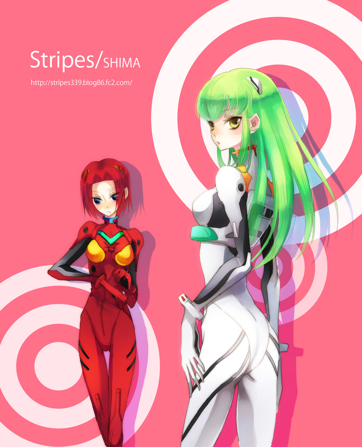 shima (h8222-9902m), ayanami rei, c.c., kouzuki kallen, shima, souryuu asuka langley, code geass, neon genesis evangelion, bad id, bad pixiv id, highres, 2girls, ass, ayanami rei (cosplay), blue eyes, blush, bodysuit, brown eyes, cosplay, green hair, long hair, mecha pilot suit, multiple girls, plugsuit (evangelion), red hair, short hair, souryuu asuka langley (cosplay)