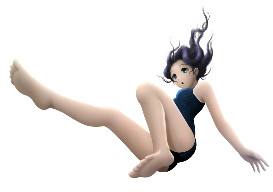 siraha, original, bad id, bad pixiv id, barefoot, feet, one-piece swimsuit, school swimsuit, simple background, soles, solo, swimsuit, toes, white background