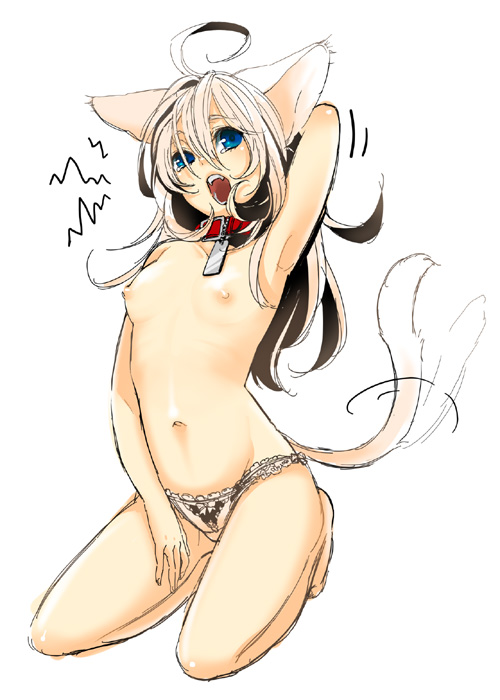todoroki sora, bad id, bad pixiv id, animal ears, armpits, barefoot, blonde hair, blue eyes, breasts, cat ears, cat tail, collar, flat chest, kneeling, nipples, panties, solo, tail, topless female, underwear, underwear only