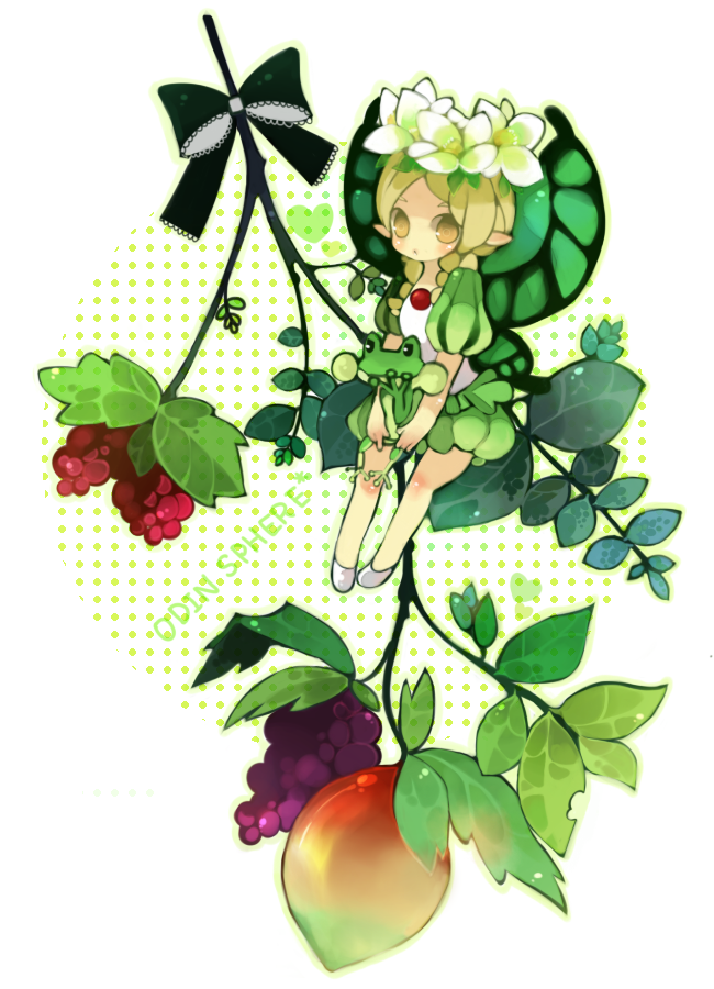 rinju umisu, sumisu (rinsumi), mercedes (odin sphere), odin sphere, bad id, bad pixiv id, 1girl, blonde hair, chibi, fairy, female focus, food, frog, fruit, grapes, head wreath, mini person, minigirl, puff and slash sleeves, puffy sleeves, solo