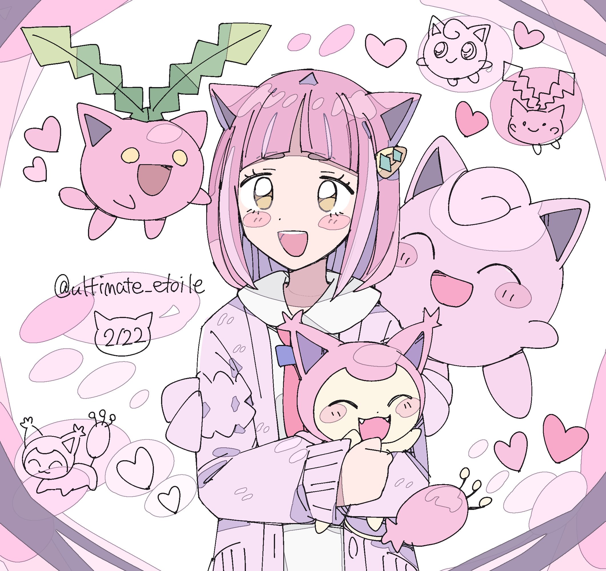 remoooon, hoppip, jigglypuff, lacey (pokemon), skitty, nintendo, pokemon, pokemon sv, highres, 1girl, :3, :d, animal ears, arched bangs, blush stickers, cardigan, cat, cat ears, cat girl, chibi, chibi inset, closed eyes, dated, fangs, floating, gen 1 pokemon, gen 2 pokemon, gen 3 pokemon, hair ornament, hairclip, heart, holding, holding pokemon, looking at viewer, neckerchief, open cardigan, open clothes, open mouth, pink fur, pink hair, pokemon (creature), purple cardigan, red neckerchief, shirt, short hair, simple background, smile, upper body, white background, white shirt, yellow eyes, yellow fur