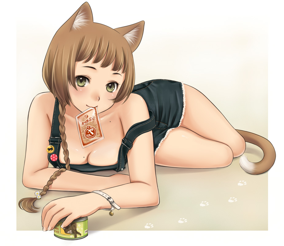 luna2, original, 1girl, animal ears, blush, braid, breasts, brown hair, cat ears, cat tail, cleavage, downblouse, female focus, food, green eyes, large breasts, legs, mole, mole on breast, mouth hold, overalls, pet food, side braid, smile, solo, tail