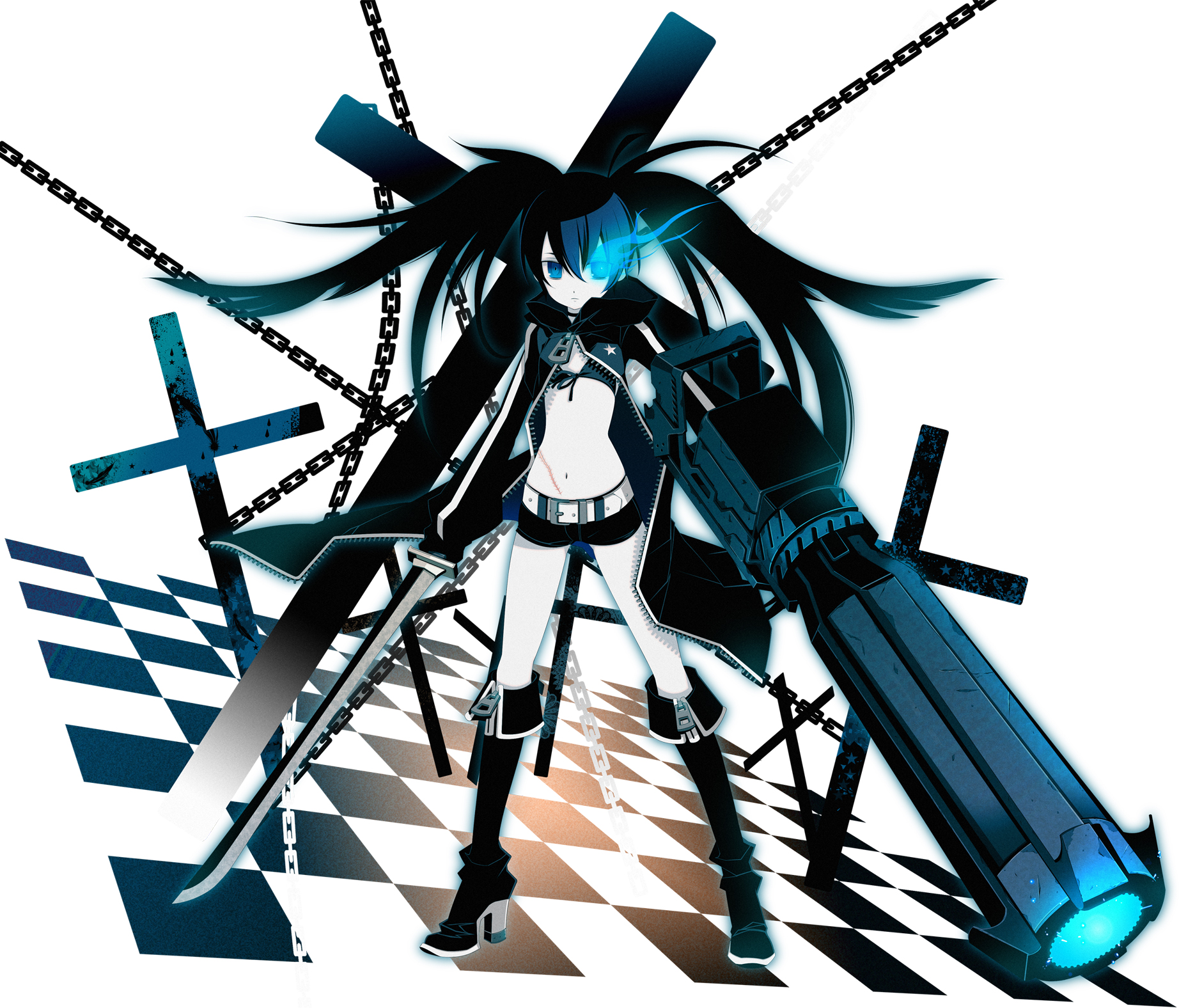 8055, black rock shooter (character), black rock shooter, highres, 10s, 1girl, arm cannon, bikini, bikini top only, black hair, blue eyes, boots, chain, colored skin, cross, female focus, flat chest, huge weapon, katana, knee boots, long hair, midriff, scar, short shorts, shorts, solo, star (symbol), swimsuit, sword, twintails, weapon, white skin