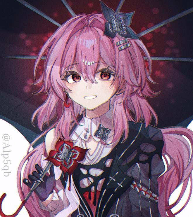 alp5qb, evernight (honkai: star rail), march 7th (honkai: star rail), honkai: star rail, honkai (series), hashtag-only commentary, 1girl, collar, dress, flower, gloves, hair between eyes, hair flower, hair ornament, hairclip, holding, holding umbrella, layered dress, layered sleeves, long hair, looking at viewer, parallel hairclips, pink hair, red eyes, single bare shoulder, smile, twitter username, umbrella, upper body, very long hair