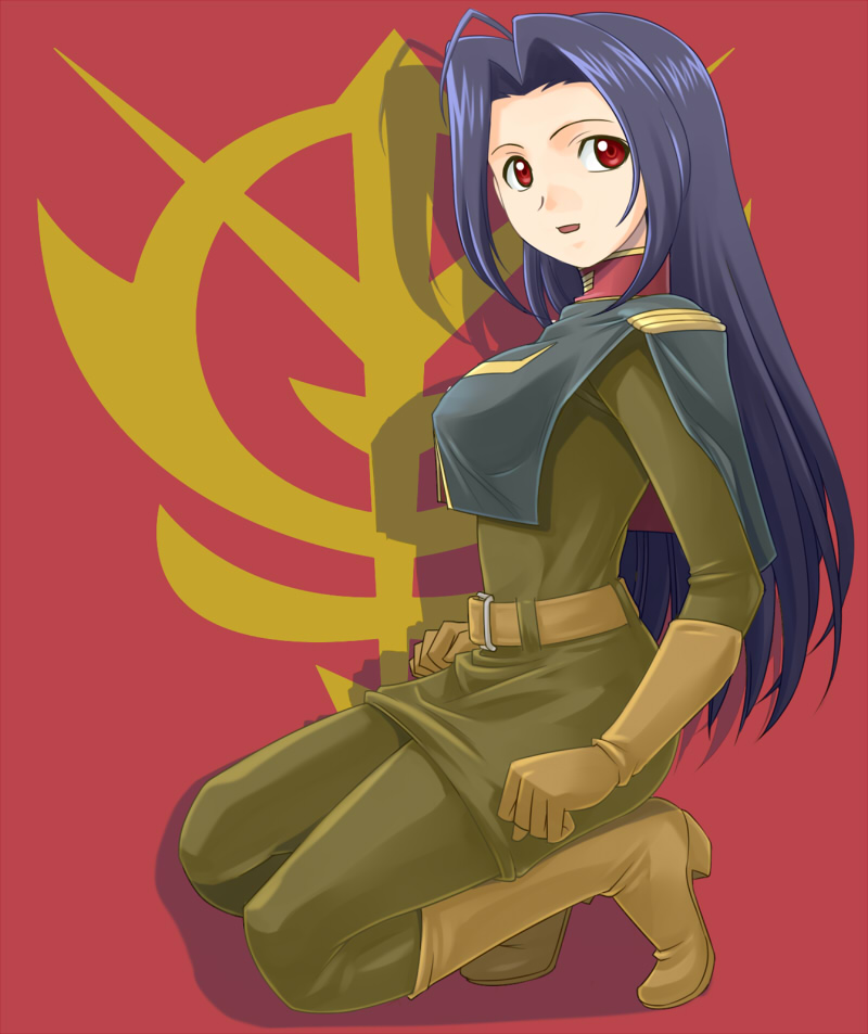 muhi11234, miura azusa, gundam, idolmaster, idolmaster (classic), idolmaster 1, 1girl, ahoge, belt, boots, breasts, cosplay, female focus, flag, full body, long hair, military, military uniform, solo, zeon