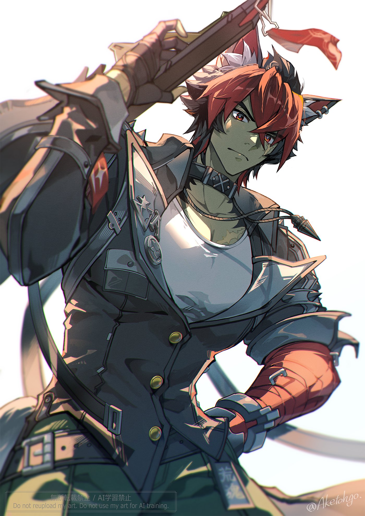 aketohgo, komano manato, zenless zone zero, highres, 1boy, animal ear fluff, animal ears, belt, black gloves, black hair, black jacket, body fur, cargo pants, choker, closed mouth, collarbone, dog boy, dog ears, ear piercing, fingerless gloves, gloves, green pants, hair between eyes, hand in pocket, holding, holding behind back, holding sword, holding weapon, holding weapon behind back, jacket, jewelry, looking at viewer, male focus, multicolored hair, multiple scars, muscular, muscular male, necklace, pants, pectorals, pendant, piercing, red bandage, red eyes, red hair, scar, scar across eye, scar on chest, scar on face, shirt, short hair, solo, spiked jacket, sweat, sword, twitter username, weapon, white background, white shirt