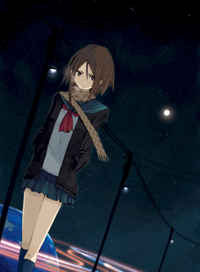 hrd, breath, brown hair, cold, jacket, legs, night, planet, scarf, school uniform, short hair, skirt, sky, solo