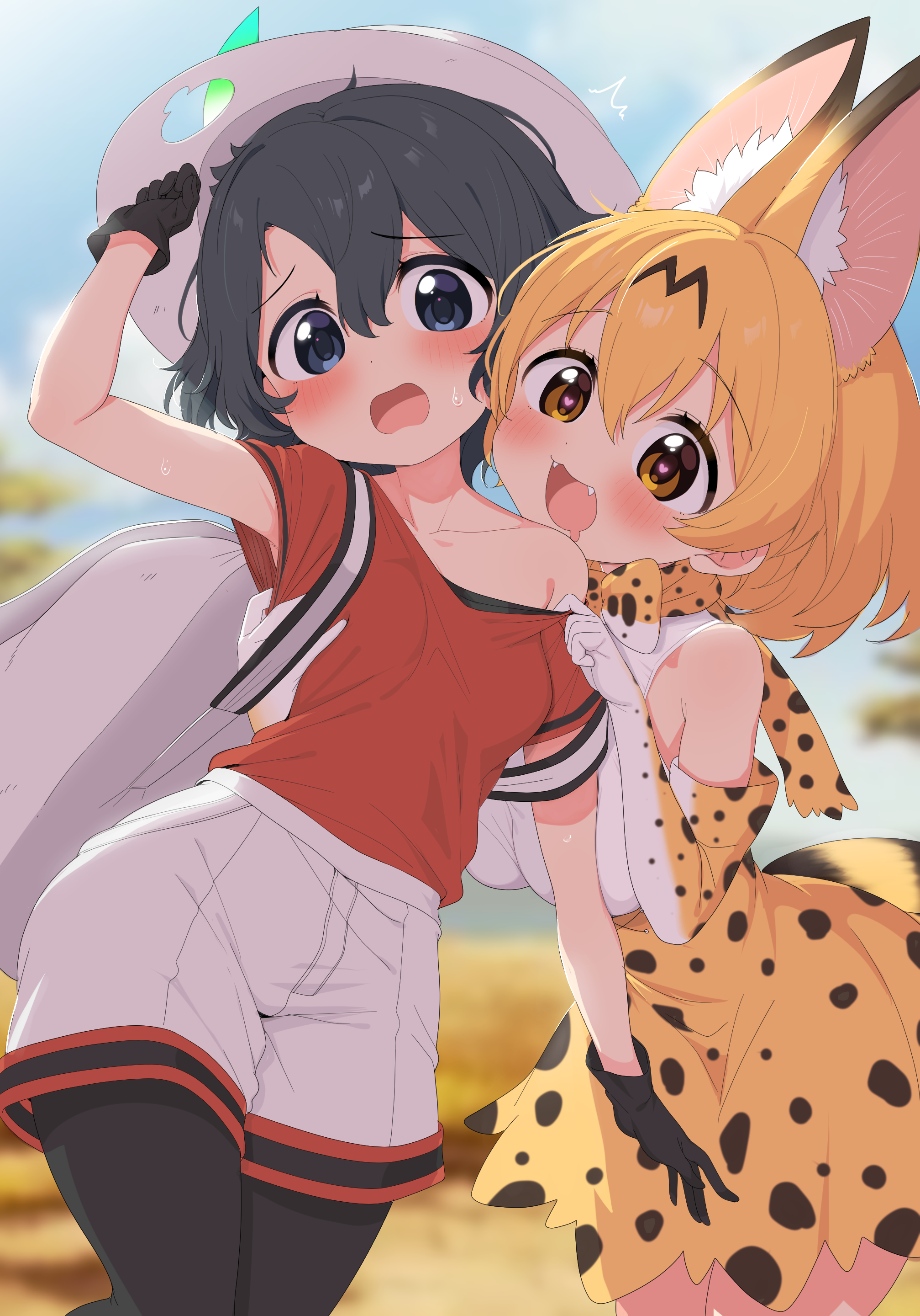 ransusan, kaban (kemono friends), serval (kemono friends), kemono friends, absurdres, commentary, highres, 2girls, :3, :d, animal ear fluff, animal ears, animal print, backpack, bag, bare arms, black gloves, black hair, black pantyhose, blonde hair, blush, bow, bowtie, breasts, clothes pull, drooling, elbow gloves, extra ears, fangs, food, gloves, hair between eyes, hat, hat feather, heart, heart-shaped pupils, helmet, high-waist skirt, japari bun, large breasts, mouth drool, multiple girls, off shoulder, open mouth, orange bow, orange bowtie, pantyhose, pantyhose under shorts, pith helmet, print bow, print bowtie, print gloves, print skirt, pulling another's clothes, red shirt, savannah, shirt, shirt pull, short hair, short sleeves, shorts, single bare shoulder, skirt, sleeveless, small breasts, smile, striped tail, symbol-shaped pupils, tail, thighhighs, two-tone bow, two-tone bowtie, white bow, white bowtie, white hat, white shorts