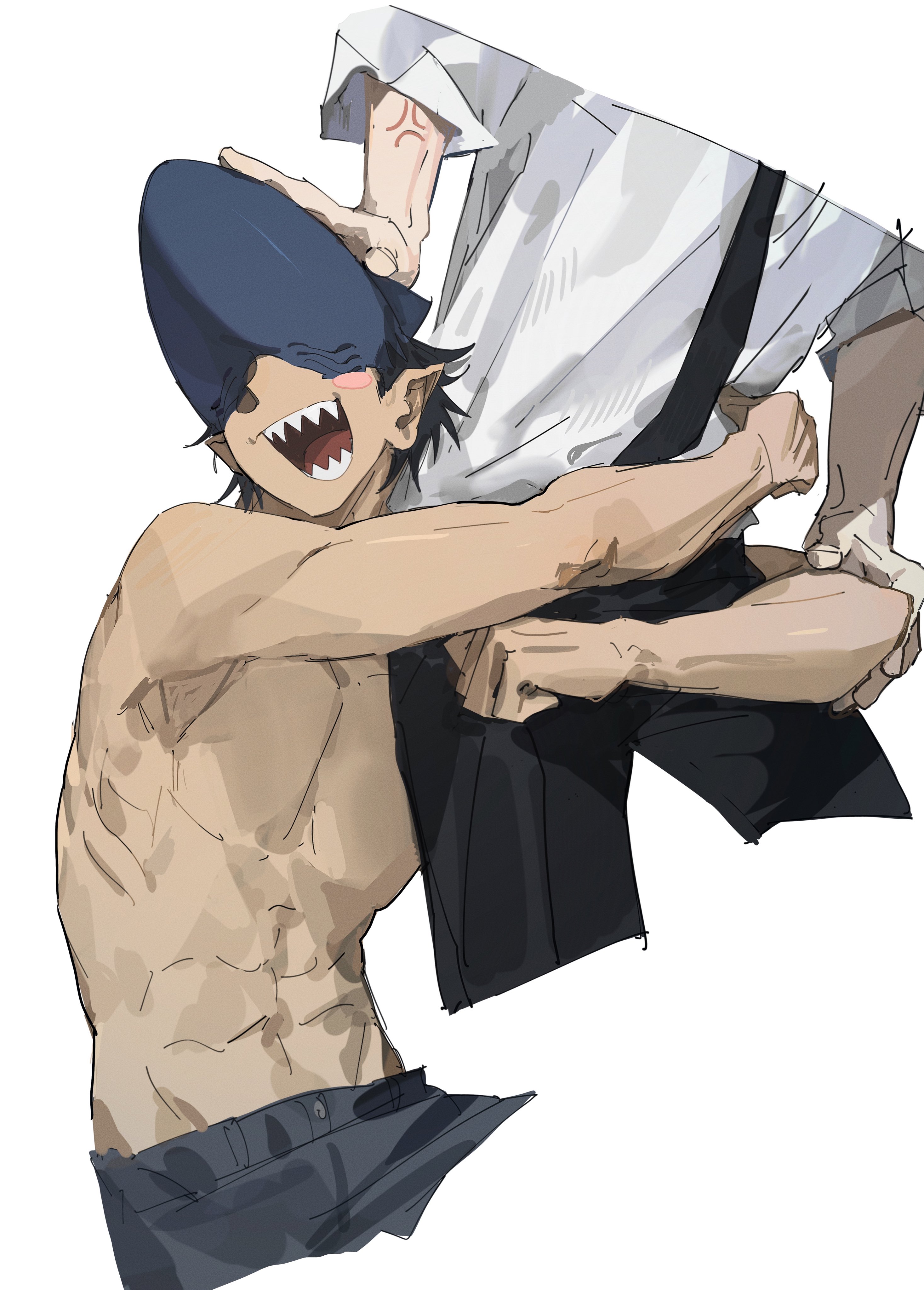 layeon46412531, beam (chainsaw man), denji (chainsaw man), chainsaw man, absurdres, highres, 2boys, anger vein, arms around waist, black hair, black necktie, black pants, blush stickers, cropped legs, hand on another's arm, hand on another's head, hug, male focus, multiple boys, necktie, open mouth, pants, pointy ears, shark, shark boy, sharp teeth, shirt, short hair, single blush sticker, sleeves rolled up, smile, teeth, topless male, upper body, white background, white shirt