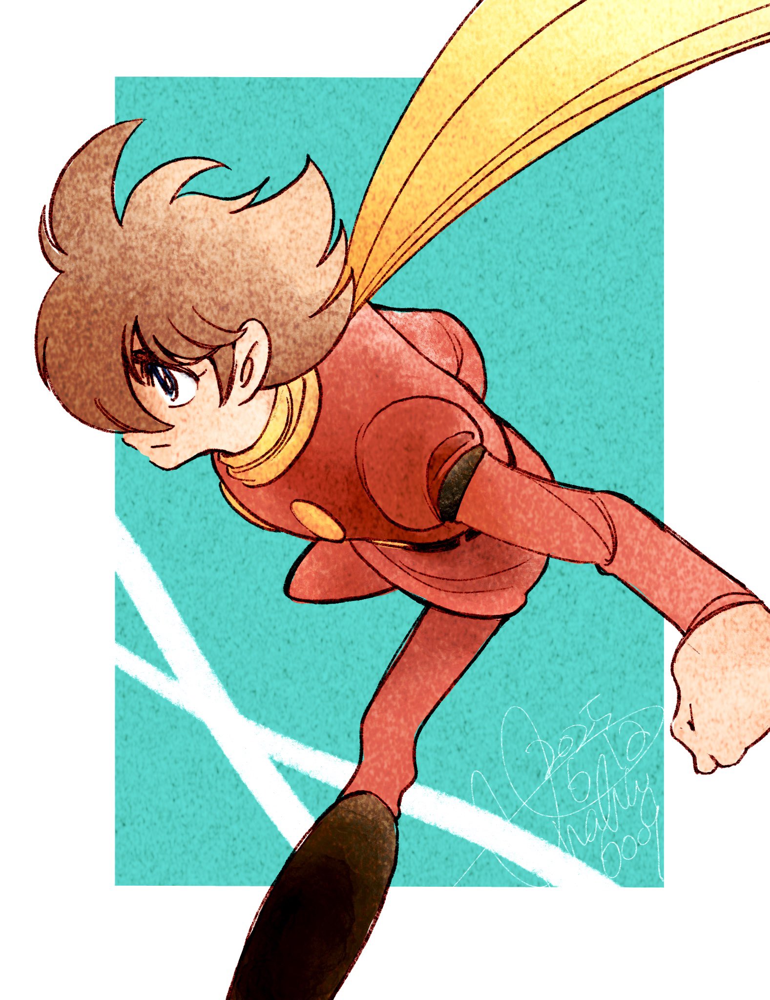 yanaka 6009, shimamura joe, cyborg 009, highres, ahoge, belt, black belt, black boots, blue eyes, boots, brown hair, coat, cyborg, dynamic pose, formal clothes, hair over face, hair over one eye, light smile, pants, red coat, red pants, red suit, running, scarf, short hair, soldier, suit, yellow scarf
