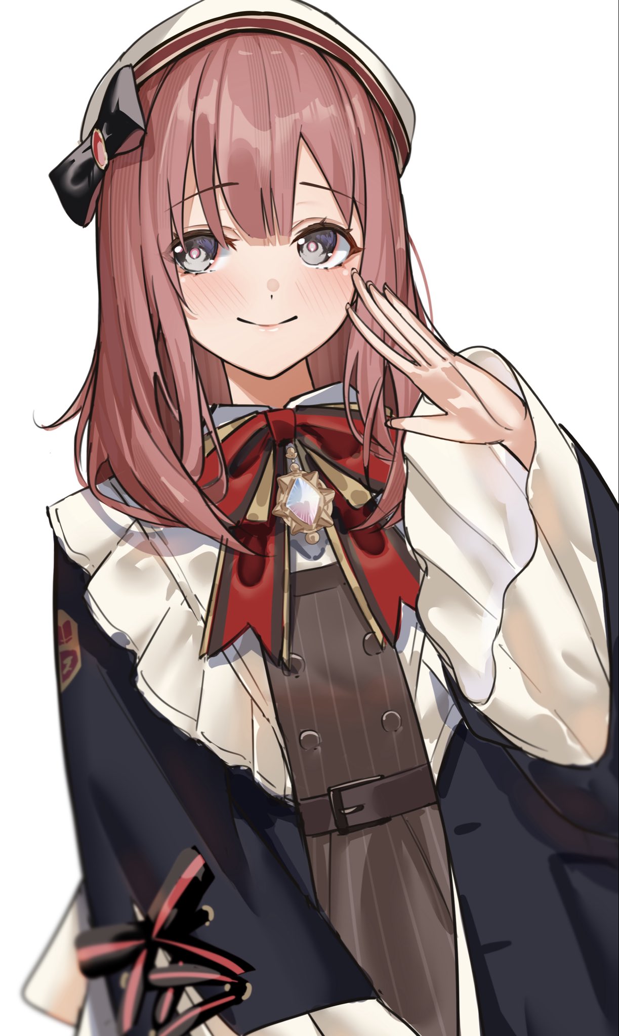 ringozeri, amayui moka, vspo!, highres, tagme, blush, grey hair, jacket, light smile, looking at viewer, pink hair, red ribbon, ribbon, white background