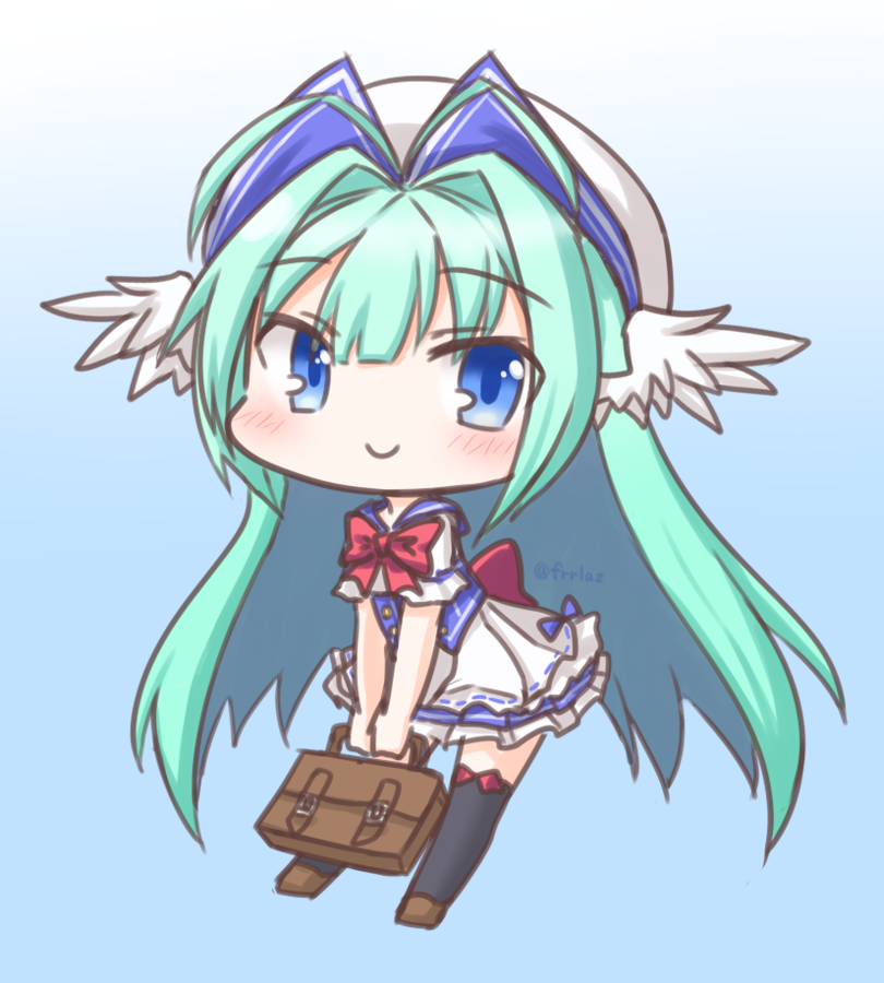 frr (akf-hs), emil chronicle online, 1girl, antenna hair, bag, black thighhighs, blue background, blue corset, blue eyes, blue skirt, bow, bowtie, chibi, corset, fly fish alma, frilled skirt, frills, green hair, hat, head wings, holding, holding bag, long hair, looking at viewer, red bow, red ribbon, ribbon, sailor collar, shirt, skirt, smile, solo, thighhighs, waist ribbon, white hat, white shirt, white wings, wings