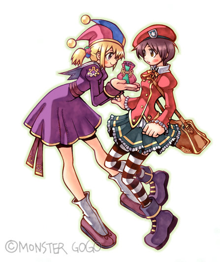monster gogo, ispin charles, priest (ragnarok online), nexon, ragnarok online, tales weaver, archived source, commentary request, korean commentary, photoshop (medium), 2girls, ankle socks, artist name, badge, bag, beoseon, beret, blue garter straps, blue hat, blue skirt, blush stickers, bokjumeoni, breasts, brown bag, brown eyes, brown hair, clenched hand, closed mouth, collared shirt, copyright notice, dress, english text, eyelashes, flower, frilled skirt, frilled sleeves, frills, full body, garter straps, gift, gift art, gomusin, green outline, hair flower, hair ornament, hat, jacket, jester cap, juliet sleeves, leaning forward, legs apart, long sleeves, looking at another, medium breasts, messenger bag, miniskirt, multicolored hat, multiple girls, open mouth, orange ribbon, outline, pleated skirt, ponytail, print sleeves, profile, puffy sleeves, purple dress, purple sash, purple shoes, purple thighhighs, red hat, red jacket, red sleeves, ribbon, sailor collar, sash, shirt, shoes, short hair, shoulder bag, simple background, skirt, sleeve cuffs, smile, socks, striped clothes, striped thighhighs, teeth, thighhighs, undershirt, upper teeth only, white background, white sailor collar, white shirt, white socks, white thighhighs, wing collar, yellow hat