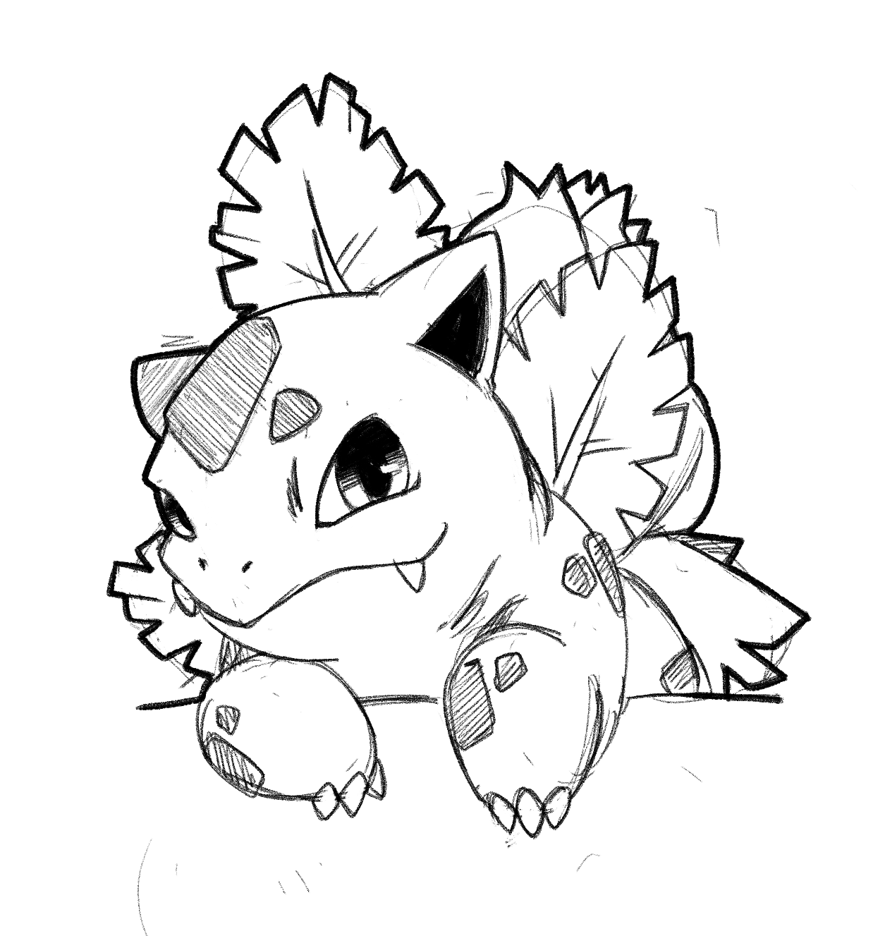 pr quote, ivysaur, nintendo, pokemon, commentary, english commentary, highres, claws, closed mouth, fangs, gen 1 pokemon, greyscale, hatching (texture), leaf, looking at viewer, monochrome, no humans, nostrils, pokemon (creature), pokemon focus, sketch, solo