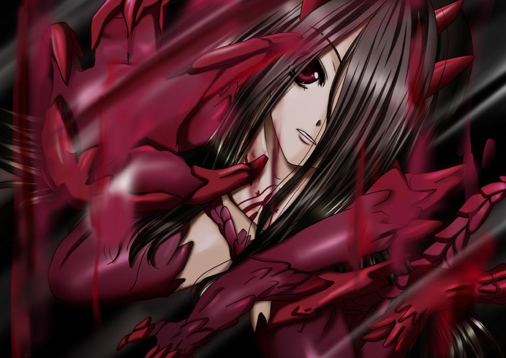 inumori sayaka, jakuri (ar tonelico), miros, ar tonelico, ar tonelico ii, gust, 00s, 1girl, black hair, blood, female focus, hair over one eye, horns, long hair, red eyes, solo