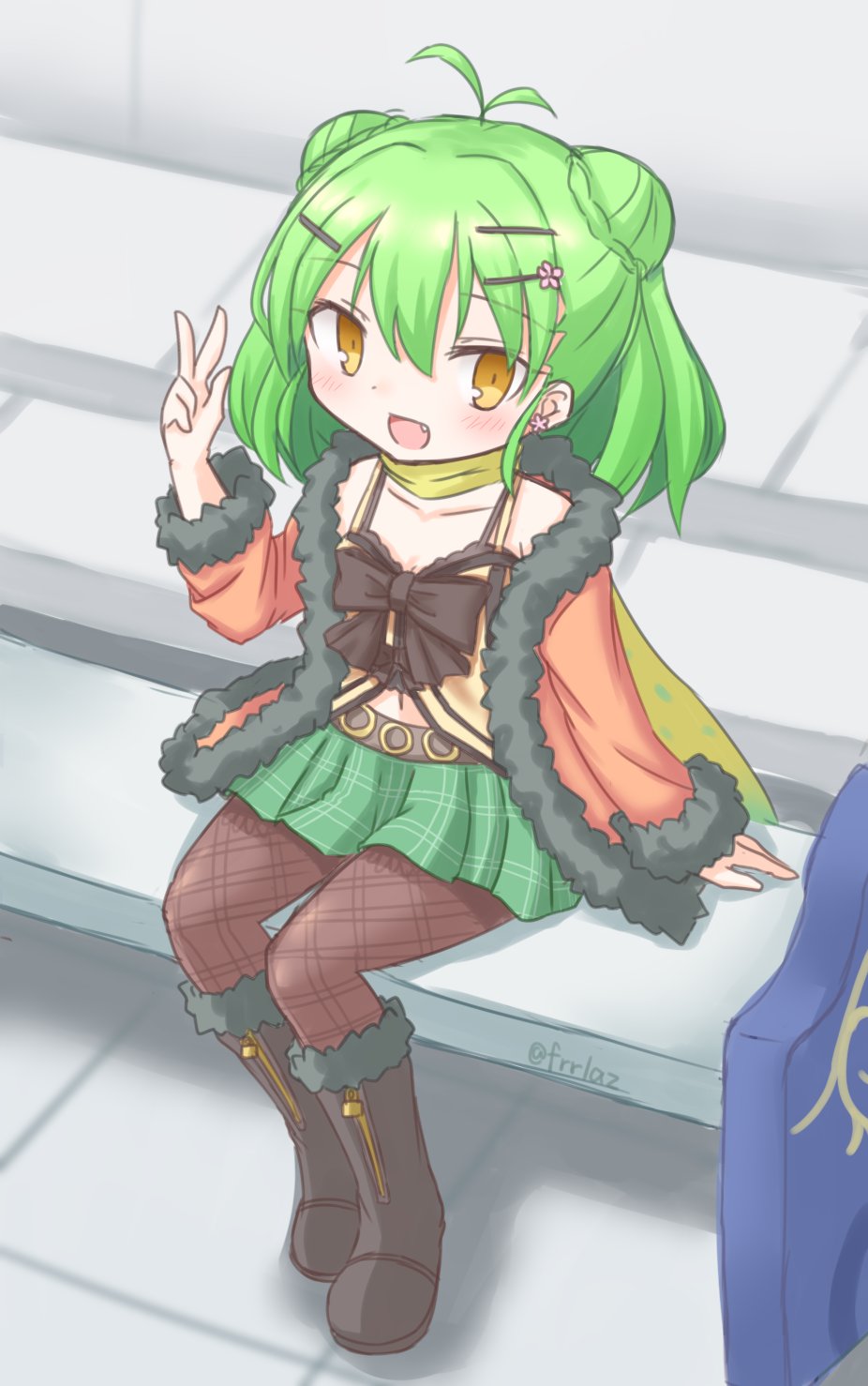 frr (akf-hs), emil chronicle online, highres, 1girl, antenna hair, bench, black boots, boots, brown thighhighs, camisole, double bun, ear piercing, fang, fur jacket, green hair, green skirt, hair bun, hair ornament, hairclip, jacket, moran alma, open mouth, orange jacket, piercing, scarf, sitting, skirt, solo, thighhighs, yellow camisole, yellow eyes, yellow scarf