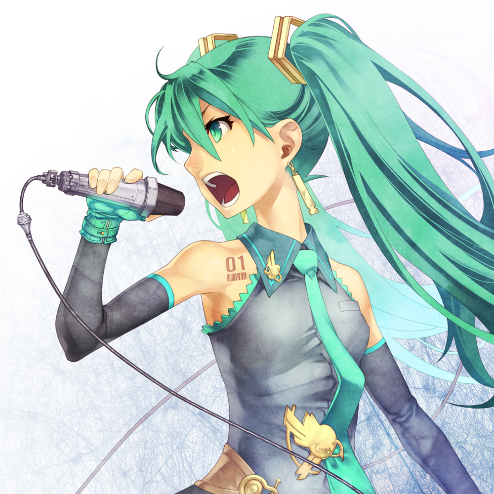 kunieda, hatsune miku, vocaloid, 1girl, adapted costume, earrings, elbow gloves, female focus, fingerless gloves, gloves, green eyes, green hair, jewelry, matching hair/eyes, microphone, music, necktie, singing, solo, tattoo, twintails