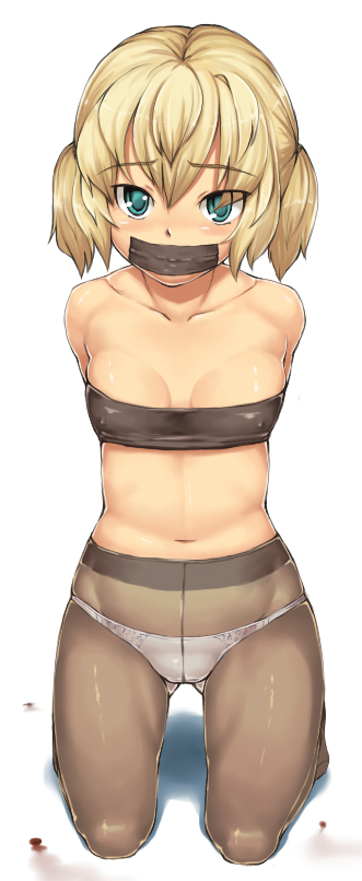 sajipen, original, long image, tall image, 1girl, bandeau, bdsm, blonde hair, blush, bondage, bound, breasts, collarbone, crotch seam, female focus, gag, gagged, green eyes, improvised gag, kneeling, medium breasts, panties, panties under pantyhose, pantyhose, short hair, solo, strapless, tape, tape gag, tube top, underwear