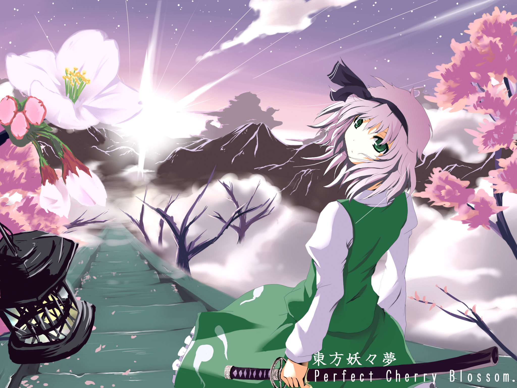nejime, konpaku youmu, touhou, silver hair, bad id, bad pixiv id, highres, 1girl, cherry blossoms, female focus, flower, green eyes, hairband, holding behind back, holding weapon behind back, katana, nature, outdoors, plant, ribbon, scenery, skirt, sky, solo, sword, weapon