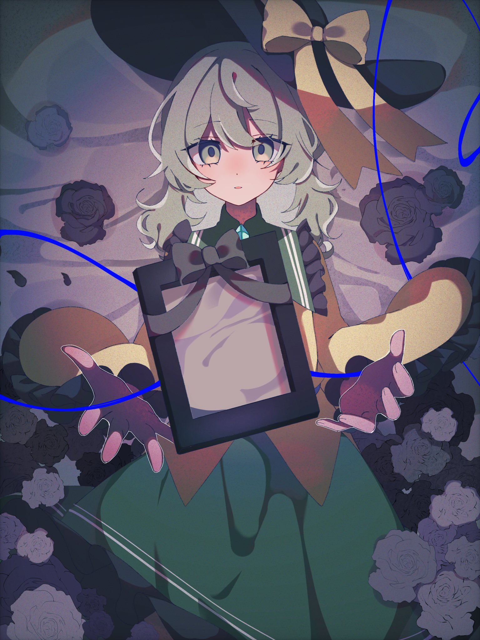 mint onyo, komeiji koishi, touhou, highres, 1girl, black hat, blue ribbon, blush, bow, dress, flower, frills, green dress, green eyes, green hair, green skirt, hat, hat ribbon, heart, heart of string, holding, holding picture frame, long sleeves, looking at viewer, open mouth, picture frame, ribbon, shirt, short hair, skirt, smile, solo, third eye, wide sleeves, yellow shirt
