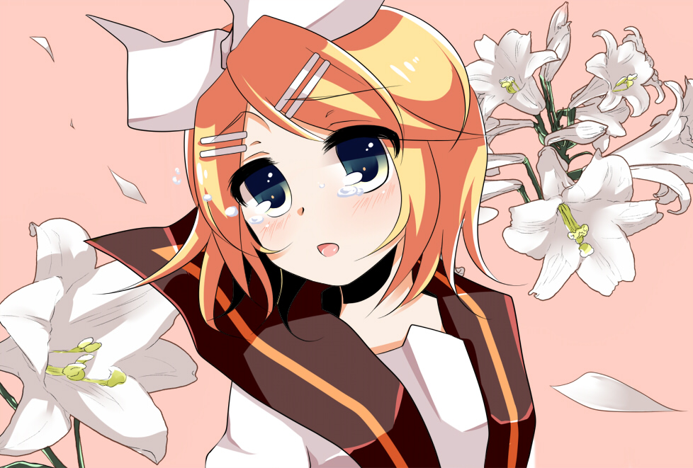 soidesu (pixiv), soudesu (pixiv), kagamine rin, vocaloid, 1girl, blonde hair, blue eyes, female focus, flower, hair ornament, hair ribbon, hairclip, petals, ribbon, short hair, solo, tears