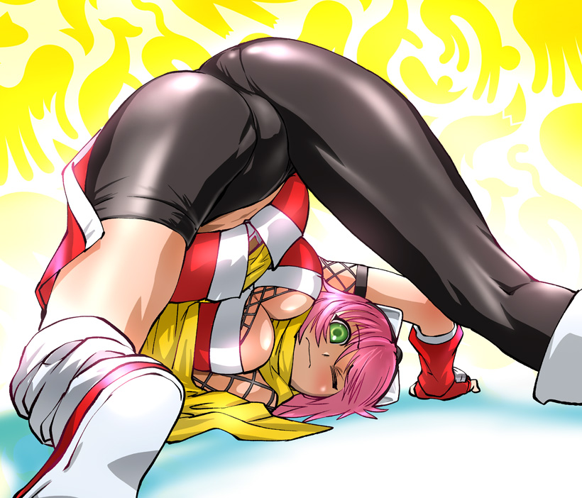 ueyama michirou, izuna (gouma reifuden izuna), gouma reifuden izuna, 1girl, ass, blush, breasts, cleavage, female focus, fingerless gloves, fishnets, gloves, goggles, green eyes, large breasts, looking back, ninja, one eye closed, pantylines, pink hair, scarf, solo, spandex, top-down bottom-up, wink