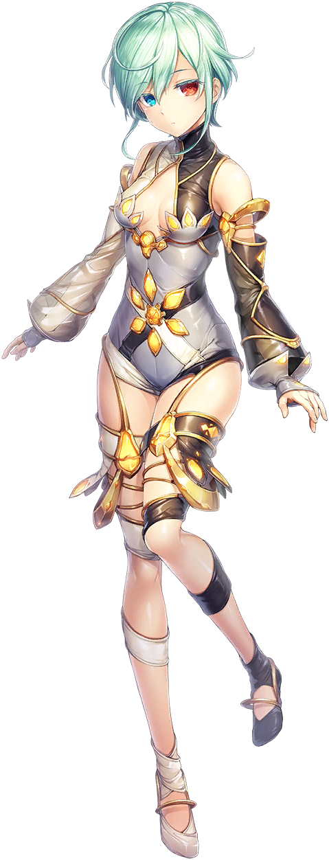 unitia, artist request, game cg, highres, official art, 1girl, asymmetrical footwear, asymmetrical legwear, asymmetrical sleeves, blue eyes, breasts, cleavage, detached sleeves, full body, heterochromia, oracle (unitia), red eyes, short hair, solo, transparent background