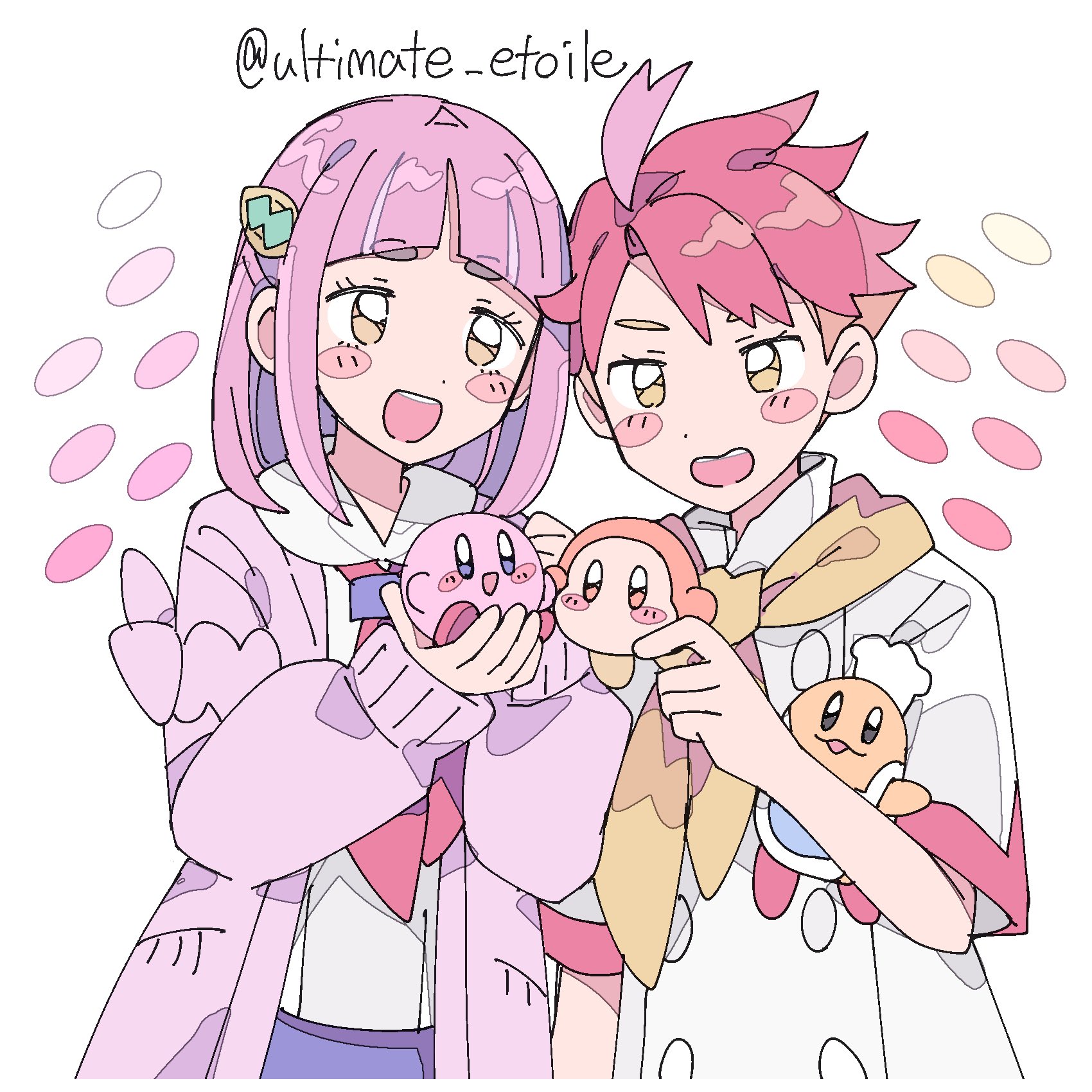 remoooon, chef kawasaki, crispin (pokemon), kirby, lacey (pokemon), waddle dee, kirby (series), nintendo, pokemon, pokemon sv, highres, 1girl, :d, arched bangs, blush stickers, cardigan, hair ornament, hairclip, jacket, long sleeves, looking at viewer, multicolored hair, neckerchief, open clothes, open mouth, orange hair, pink cardigan, pink hair, red hair, red neckerchief, scarf, shirt, short hair, simple background, smile, two-tone hair, upper body, white background, white jacket, white shirt, yellow eyes, yellow scarf