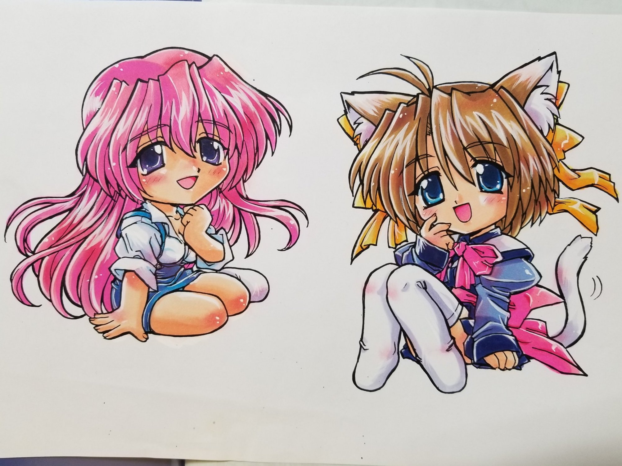 kokomahi, hayasaka hiyori, katase yuki, mizuiro, commentary request, highres, official art, traditional media, 2girls, animal ear fluff, animal ears, antenna hair, back bow, blue eyes, blue skirt, bow, bowtie, brown hair, cat ears, cat girl, cat tail, chibi, chibi only, collared shirt, hair between eyes, hair bow, hand up, high-waist skirt, juliet sleeves, long hair, long sleeves, looking at viewer, multiple girls, open mouth, pink bow, pink bowtie, pink hair, pink sash, puffy sleeves, sash, school uniform, shirt, short hair, simple background, skirt, sleeves past wrists, smile, socks, suspender skirt, suspenders, tail, thighhighs, thighs, white background, white shirt, white skirt, white socks, white thighhighs