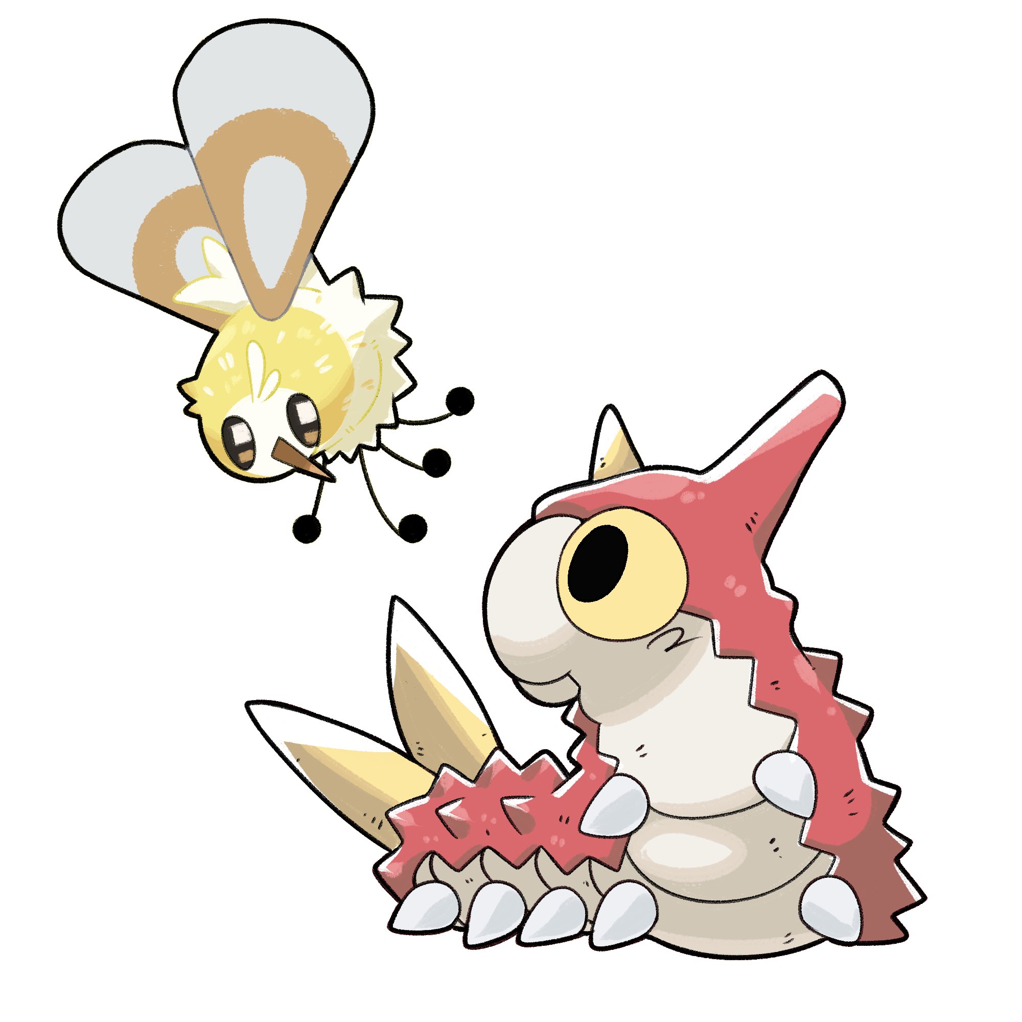 pr quote, cutiefly, wurmple, nintendo, pokemon, commentary, highres, black eyes, bug, colored sclera, gen 3 pokemon, gen 7 pokemon, horns, no humans, pokemon (creature), pokemon focus, simple background, single horn, white background, wings, yellow sclera