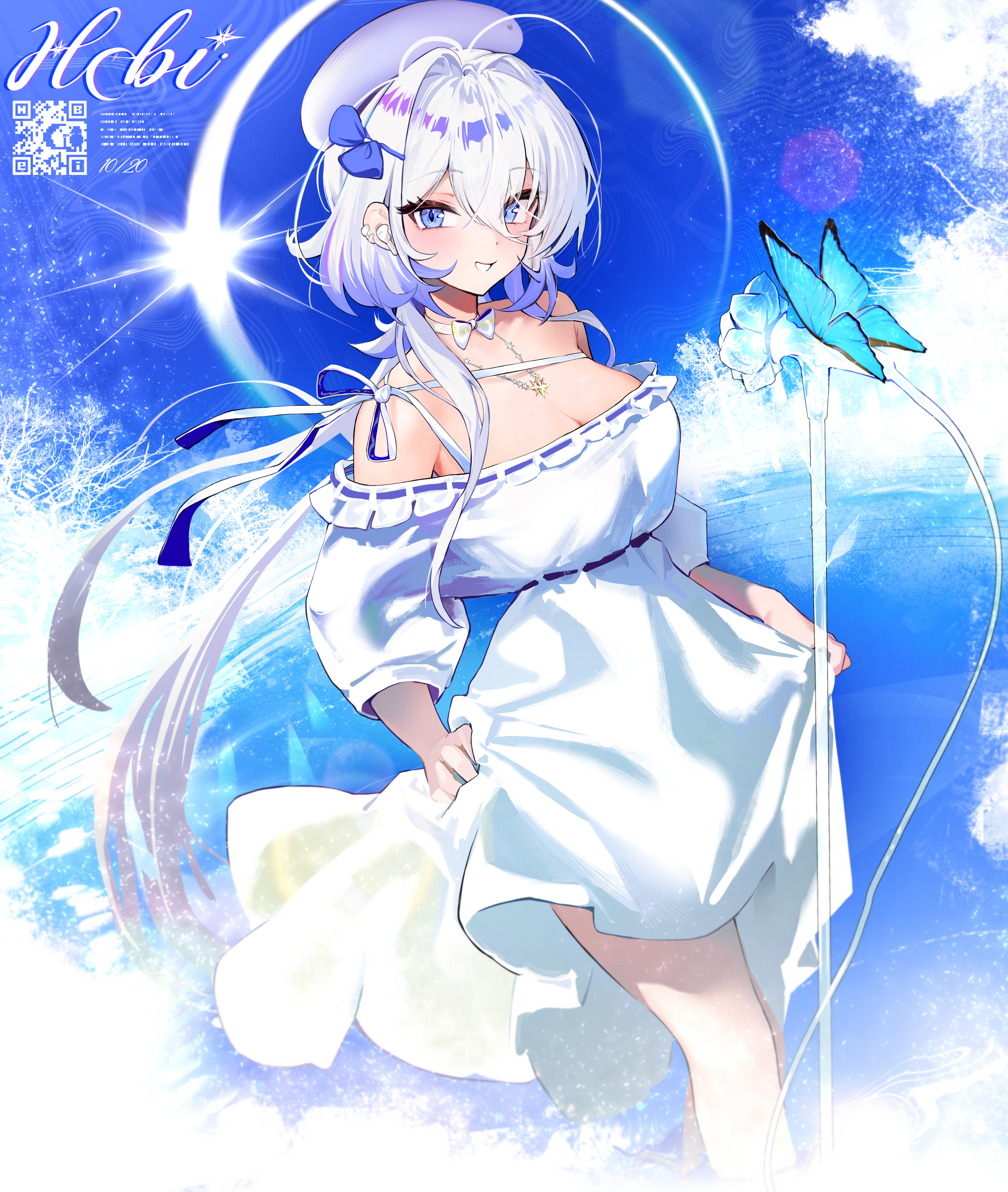movik, hebi (vtuber), indie virtual youtuber, absurdres, highres, 1girl, blue bow, blue eyes, blue hair, bow, bow choker, breasts, bug, butterfly, character name, choker, cleavage, clenched teeth, cloud, dress, frilled dress, frills, hair bow, hat, insect, jewelry, long hair, multicolored hair, necklace, qr code, solo, strapless, strapless dress, teeth, white choker, white dress, white hair, white hat