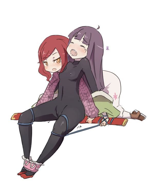 jitsu hidari, healer (7th dragon), ran (7th dragon), rosary (7th dragon), samurai (7th dragon), 7th dragon, 7th dragon (series), 2girls, ahoge, bdsm, blush, bodysuit, bondage, bound, katana, latex, long hair, multiple girls, purple hair, red hair, saliva, sword, weapon