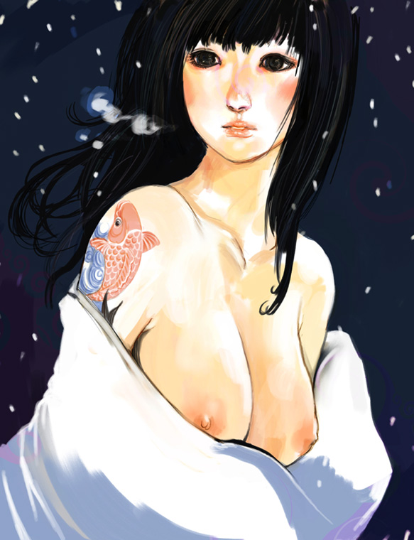 kazaana, bare shoulders, black hair, blush, breasts, breath, large breasts, long hair, snow, solo, tattoo