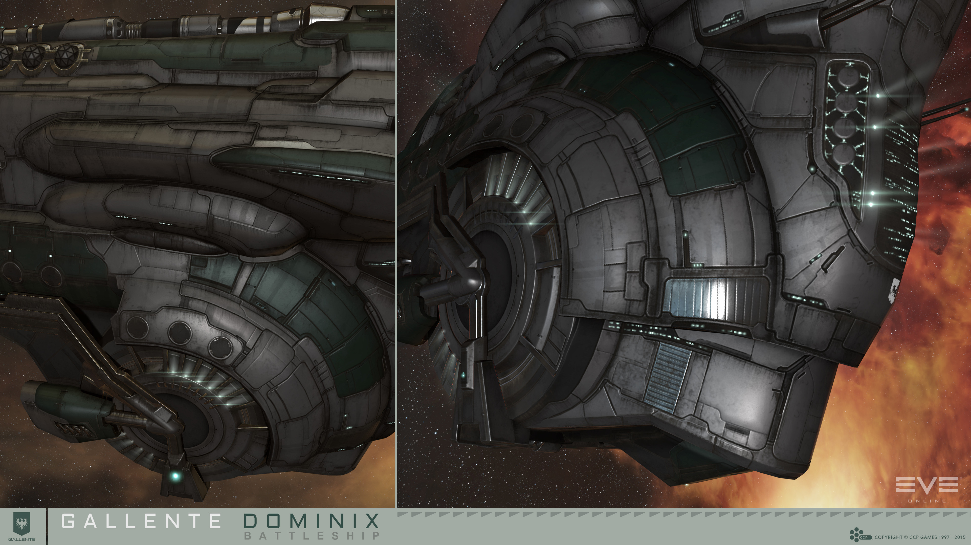 eve online, absurdres, commentary, english commentary, highres, official art, photoshop (medium), 3d, battleship (eve online), brown background, carrier, close-up, cloud, combat ship (eve online), company logo, company name, copyright logo, copyright name, dated, dominix (eve online), droneboat (eve online), emblem, english text, federation navy (eve online), gallente federation (eve online), glowing, logo, military vehicle, multiple views, nebula, no humans, outdoors, radio antenna, realistic, science fiction, space, spacecraft, star (sky), starry sky background, vehicle focus, vehicle name, ymir jonsson