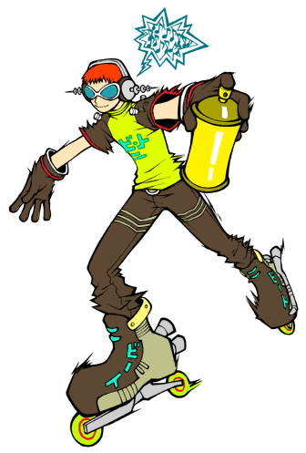 monster gogo, beat (jsr), jet set radio, sega, archived source, commentary, korean commentary, lowres, 1boy, belt, black gloves, black pants, black shoes, black sleeves, blue-tinted eyewear, closed mouth, eighth note, full body, gloves, grey belt, headphones, holding, holding spray can, legs apart, musical note, outline, pants, print shirt, red hair, roller skates, shirt, shoes, short hair, short sleeves, simple background, skates, smile, solo, spoken musical note, spray can, text print, tinted eyewear, toggles, transparent background, white-framed eyewear, white outline, yellow shirt