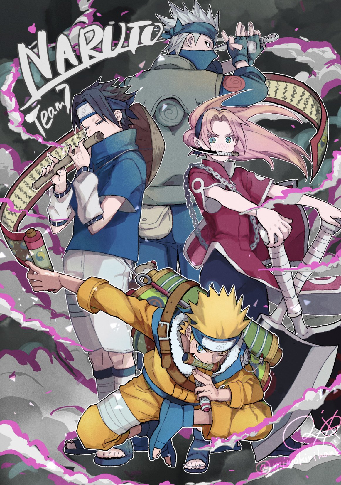 haruno sakura, hatake kakashi, uchiha sasuke, uzumaki naruto, naruto (classic), naruto (series), highres, 1girl, 3boys, bandaged leg, bandages, bike shorts, black hair, black shirt, blonde hair, blue eyes, blue hairband, blue headband, blue shirt, breasts, chain, closed eyes, copyright name, dress, facial mark, fingerless gloves, flute, full body, furrowed brow, gloves, green eyes, green vest, grey hair, hairband, headband, instrument, jumpsuit, knife in mouth, kunai, long hair, mask, medium breasts, miwokirihana, mouth mask, multiple boys, music, one eye closed, open-toe shoes, orange jumpsuit, parted bangs, pelvic curtain, pink hair, playing flute, playing instrument, red dress, scroll, shirt, short hair, short sleeves, shorts, shorts under dress, sign, smoke, spiked hair, standing, team 7 (naruto), twitter username, vest, weapon, whisker markings, white arm warmers, white shorts