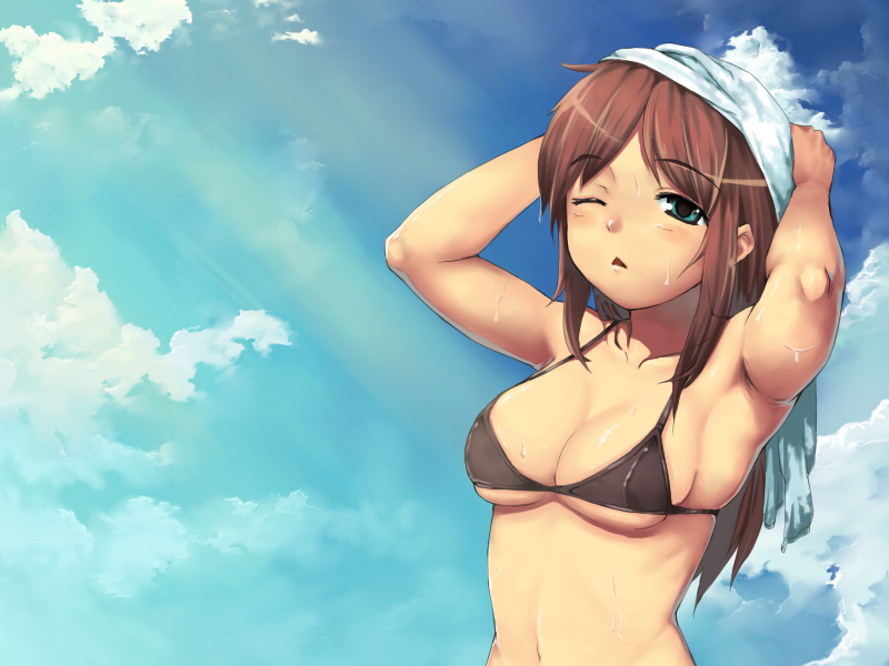 sajipen, original, 1girl, :<, armpits, arms up, bikini, black bikini, blue eyes, blush, breasts, brown hair, day, female focus, long hair, medium breasts, one eye closed, sky, solo, swimsuit, towel, underboob, undersized clothes, wet, wink
