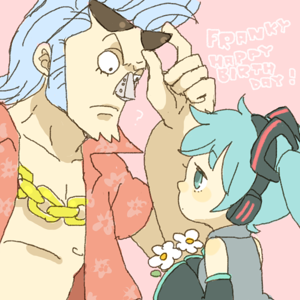 yukke, franky (one piece), hatsune miku, one piece, vocaloid, 1boy, 1girl, aqua hair, chain, chain necklace, crossover, flower, headphones, jewelry, necklace