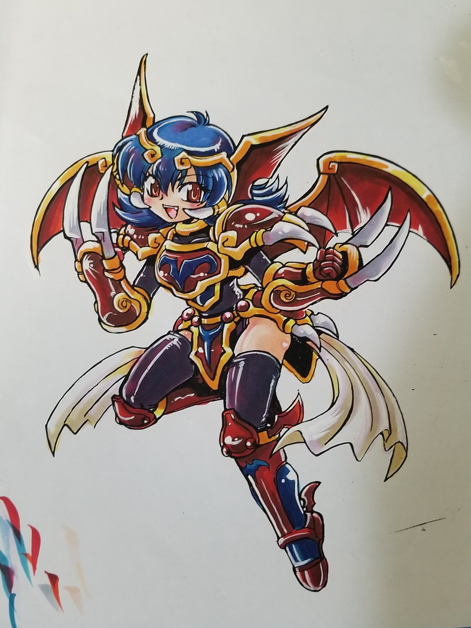 kokomahi, tenkuu senki shurato, commentary request, highres, official art, traditional media, 1girl, arioch (shurato), arm guards, armor, armored boots, bat girl, bat wings, black leotard, black thighhighs, blue hair, boots, brown gloves, chest guard, claw (weapon), fangs, faulds, gloves, gold trim, hand up, head wings, leotard, looking at viewer, medium hair, multiple wings, open mouth, red armor, red eyes, red wings, shoulder armor, simple background, smile, solo, thighhighs, weapon, white background, wings