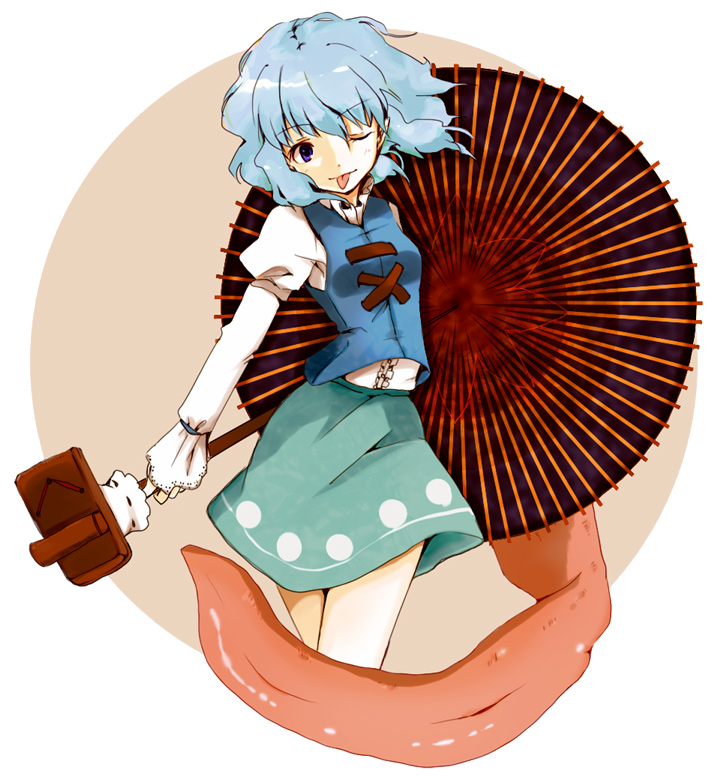 n (2110 img07), tatara kogasa, touhou, bad id, bad pixiv id, 1girl, :p, blue eyes, blue hair, female focus, geta, karakasa obake, matching hair/eyes, oil-paper umbrella, one eye closed, solo, tongue, tongue out, umbrella, wink