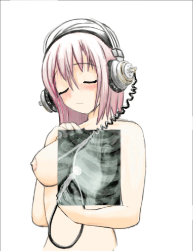 super sonico, nitroplus, animated, animated gif, lowres, 1girl, breasts, female focus, headphones, heart (organ), heartbeat, large breasts, nipples, nude, pink hair, red eyes, simple background, solo, stethoscope, white background, x-ray