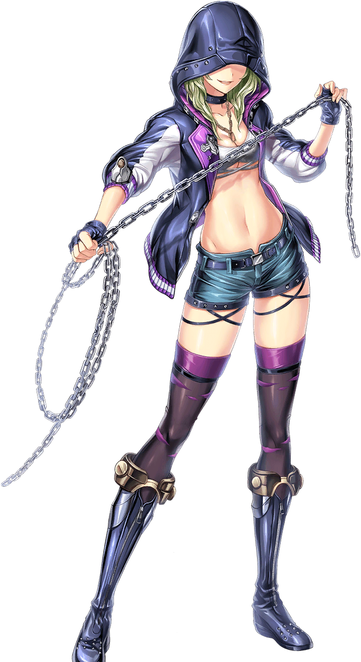 unitia, artist request, game cg, highres, official art, 1girl, belt, boots, breasts, chain, cleavage, collar, fingerless gloves, full body, gloves, green hair, greta (unitia), holding, holding chain, hood, hood up, jewelry, long sleeves, navel, necklace, no eyes, open mouth, short shorts, shorts, solo, transparent background