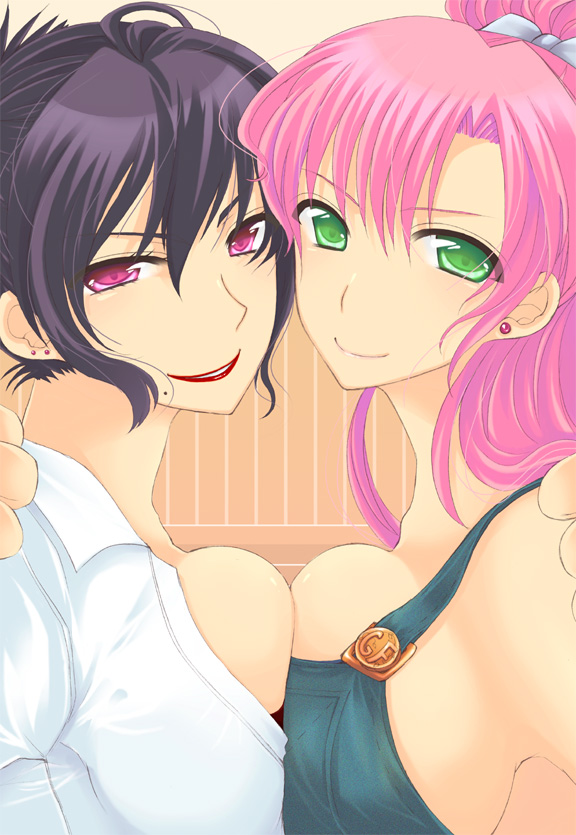 sakurai unan, bad id, bad pixiv id, breast press, breasts, large breasts, lipstick, makeup, mole, overalls, pink hair, purple hair, symmetrical docking