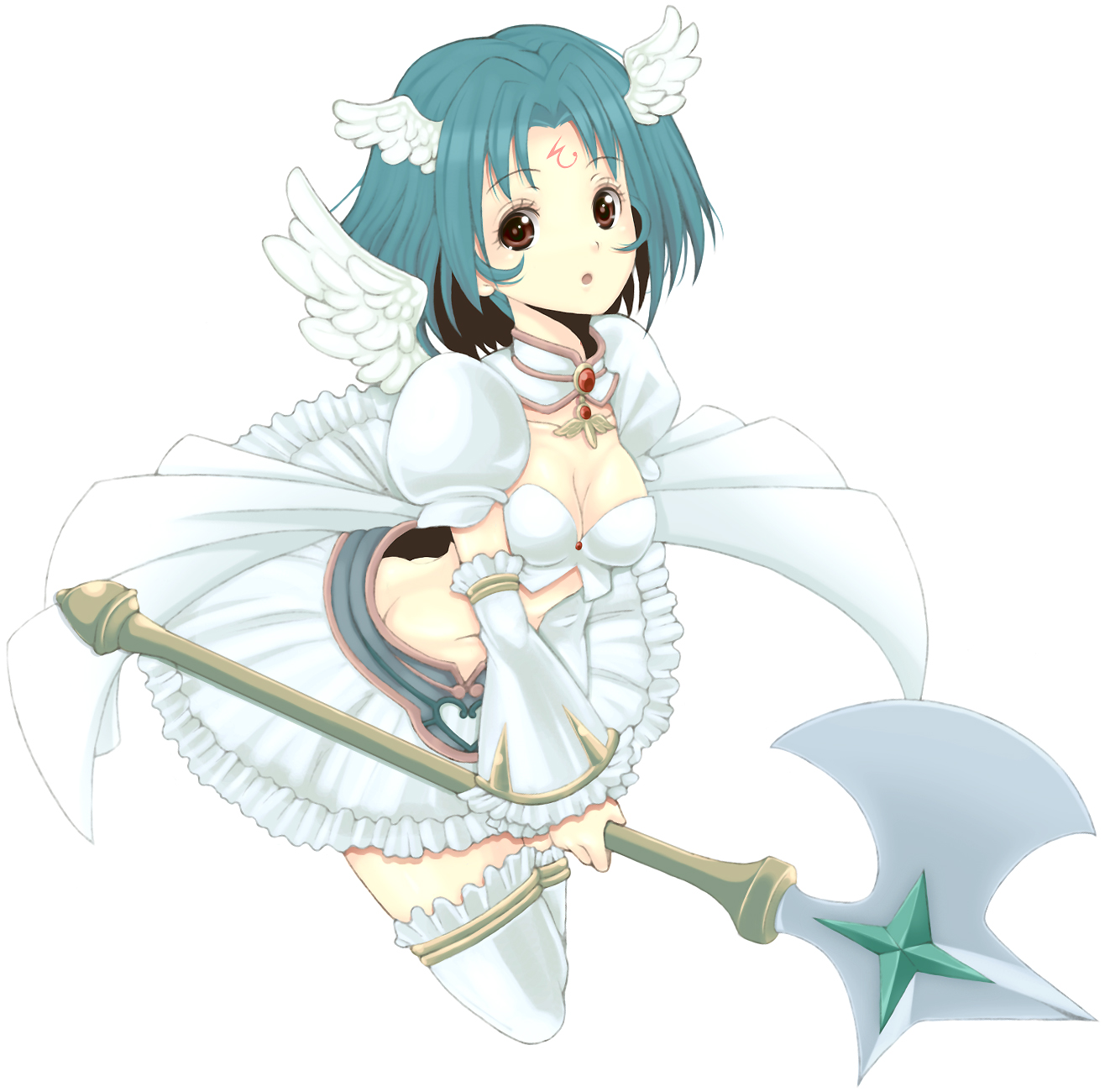 kannagi kaname, subaru (.hack//), .hack//, .hack//link, .hack//sign, bandai, cyber connect 2, bad id, bad pixiv id, highres, 00s, 1girl, armor, armored dress, axe, breasts, brown eyes, cleavage, dress, facial mark, female focus, forehead mark, green hair, head wings, short hair, solo, thighhighs, weapon, white thighhighs, wings