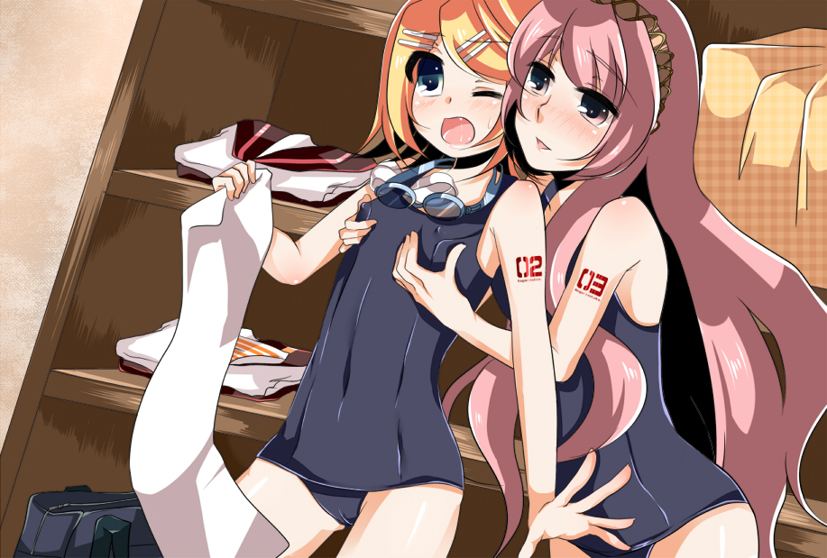 soidesu (pixiv), soudesu (pixiv), kagamine rin, megurine luka, vocaloid, 2girls, age difference, black one-piece swimsuit, blonde hair, blush, breasts, covered erect nipples, flat chest, flat chest grab, grabbing another's breast, groping, hair ornament, hairclip, height difference, loli, long hair, multiple girls, one-piece swimsuit, onee-loli, pink hair, school swimsuit, short hair, small breasts, swimsuit, towel, yuri